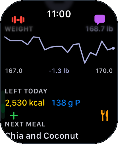 Sagoma on Apple Watch: a weight trend down 1.3lb, with 2,530 calories and 138g of protein left for the day.