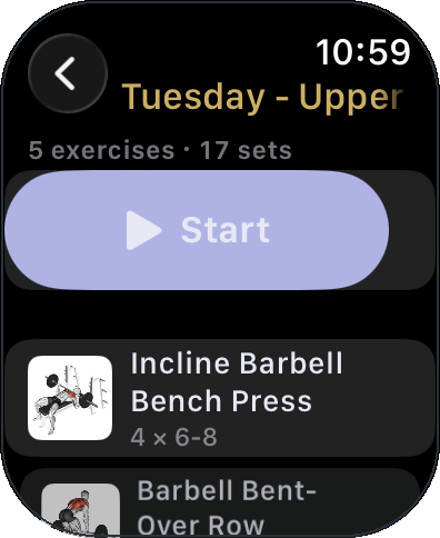 Sagoma on Apple Watch: Tuesday's upper body session, five exercises and seventeen sets, ready to start.